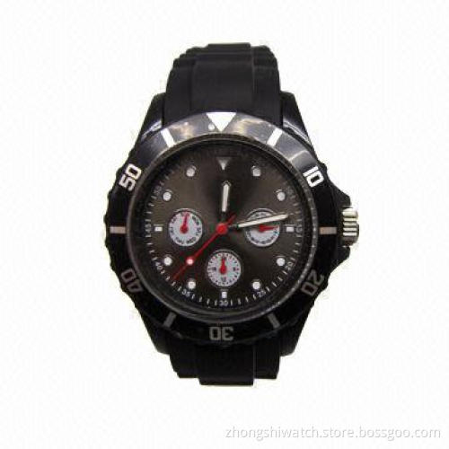 Chrono promotional watches with plastic case and silicone strap, 5ATM water-resistant